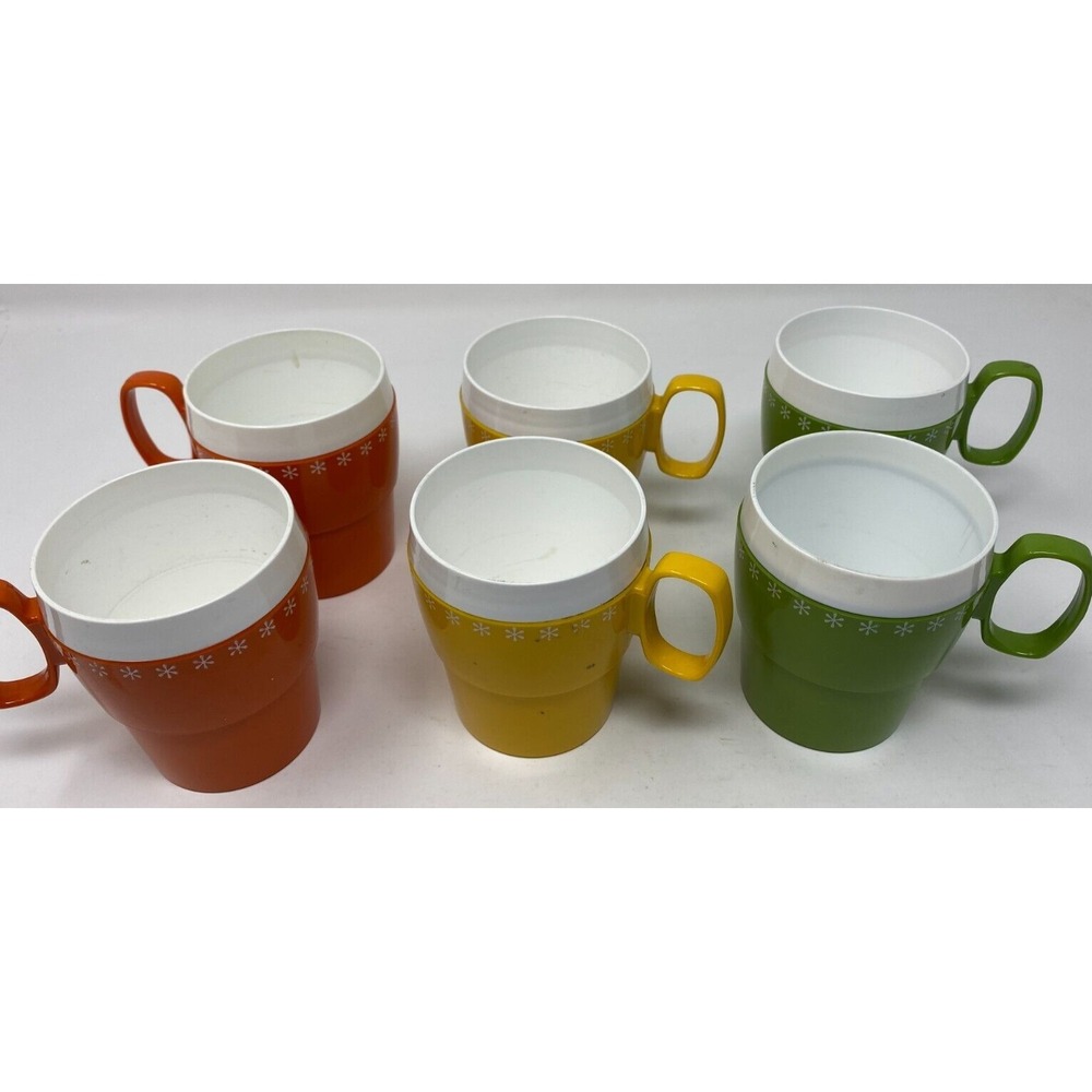 New-Mar Coffee Mugs/Cups Green Set Of 6 Mid-Century MCM Vintage Orange Yellow Gr